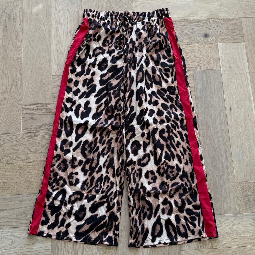 Leopard Print Wide-Leg Track Pants with Red Side Stripe